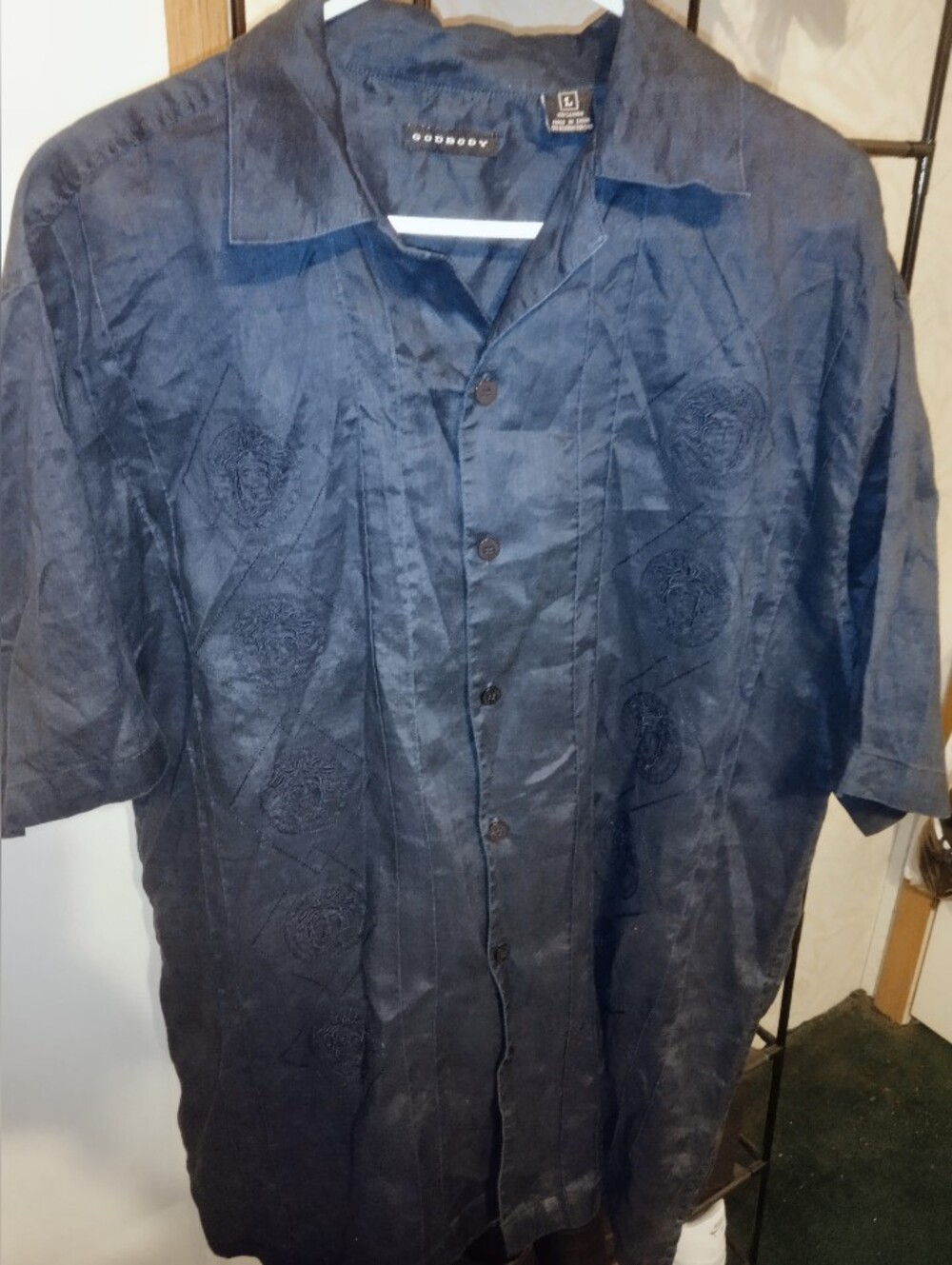 NWOT Godbody 100% Linen Deep Navy Embossed Short Sleeve Button-Up Shirt Large